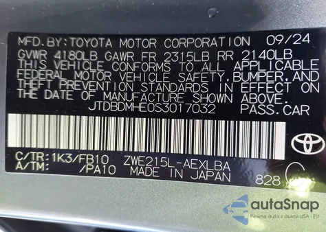 2025 Toyota Corolla Hybrid Le from USA, damaged, VIN JTDBDMHE0S3017032